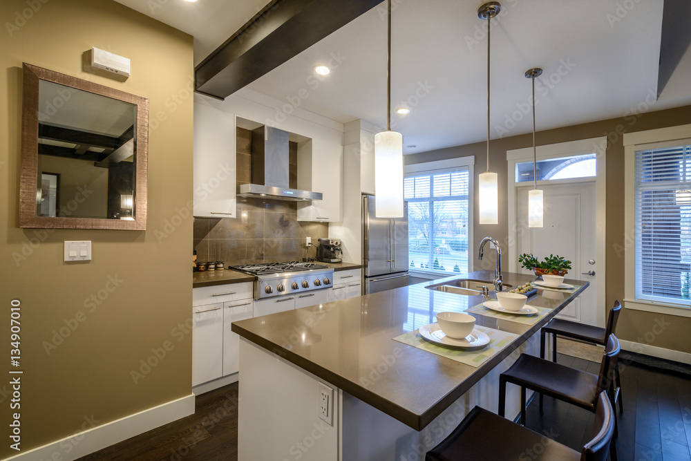 Modern, bright, kitchen with an island in a luxury house. Interior design.