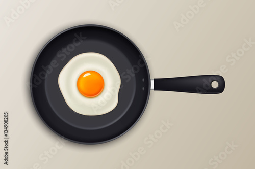 Vector fried egg on a black pan. Realistic icon.