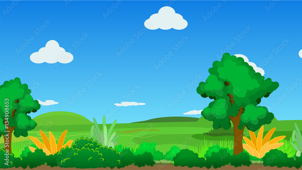 Obraz premium Landscape cartoon nature background, vector illustration, horizontal 