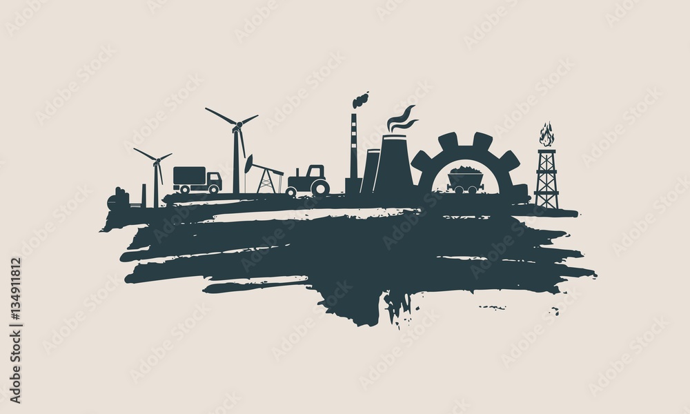 Energy and Power icons set and grunge brush stroke. Energy generation and heavy industry relative image. Agriculture and transportation. Vector illustration