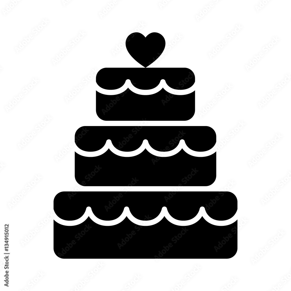 Stacked wedding cake dessert with heart topper flat vector icon for food apps and websites Stacked wedding cake dessert with heart topper flat vector icon for food apps and websites