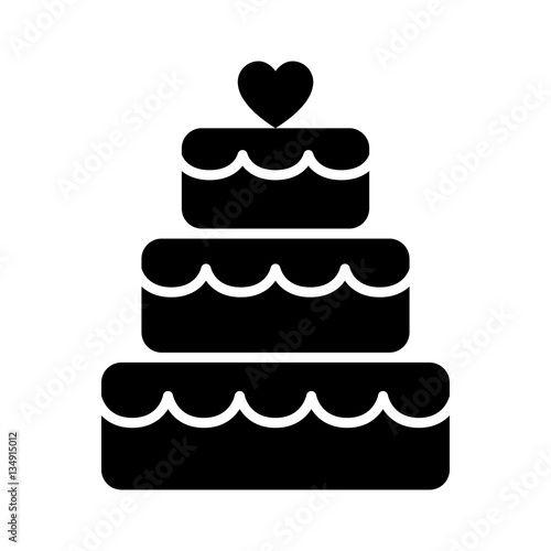 Stacked wedding cake dessert with heart topper flat vector icon for food apps and websites