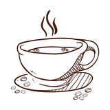 White coffee cup with steam and saucer, vector illustration