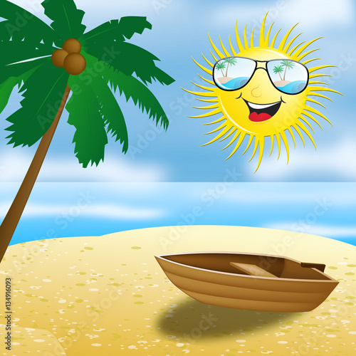Beautiful Beach With Smiling Sun 3d Illustration
