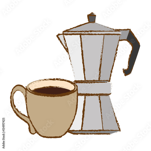 Silver moka pot with coffee cup, vector illustration image