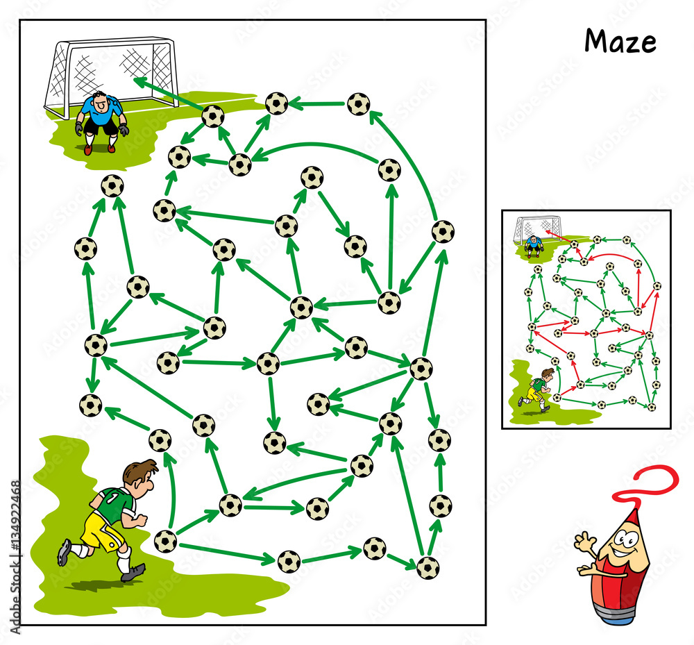 Fototapeta premium Football match. Educational maze game for children. Cartoon vector illustration