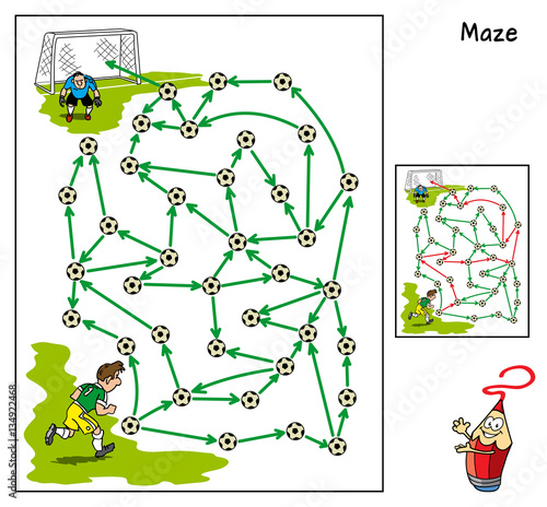 Football match. Educational maze game for children. Cartoon vector illustration