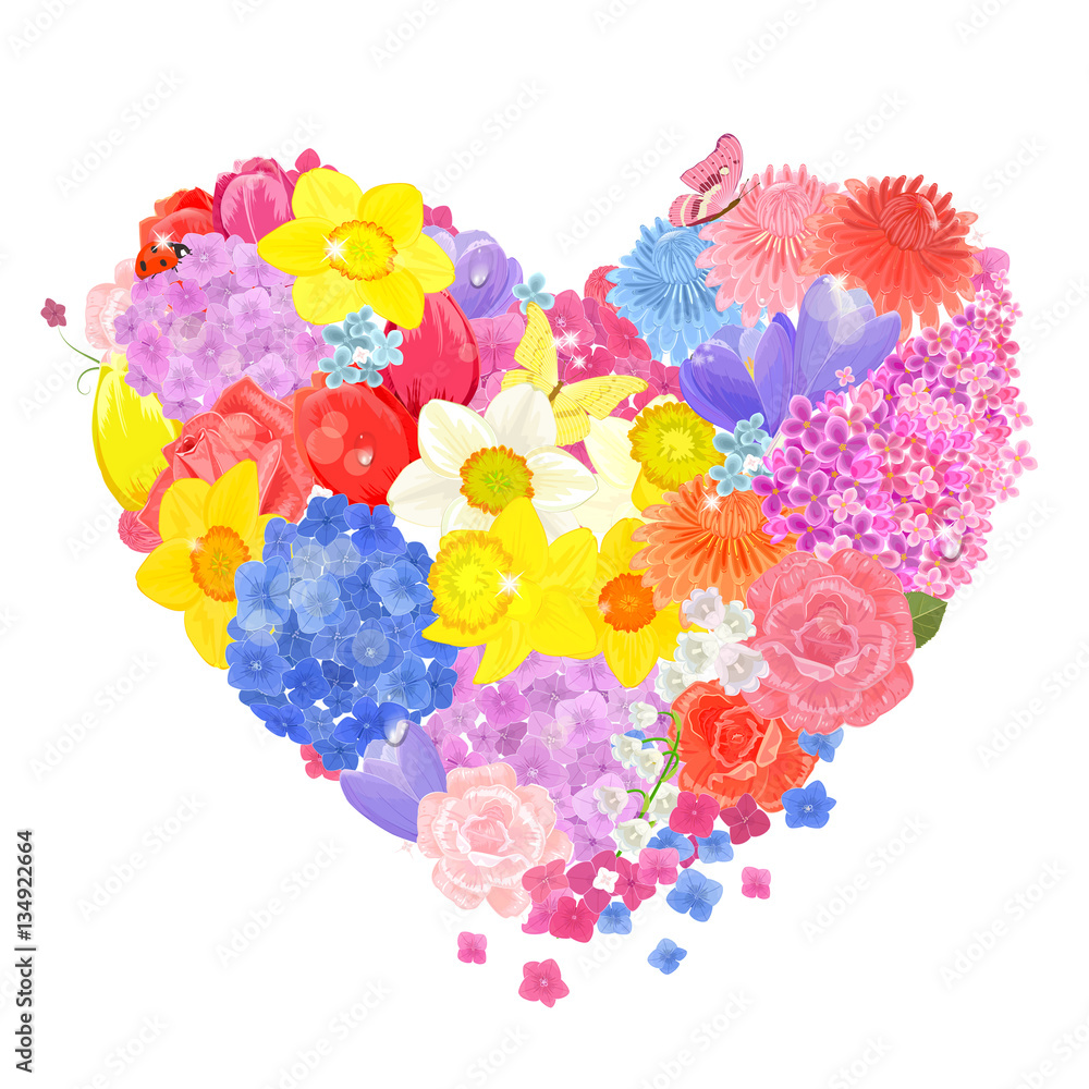 Obraz kwiatowy kształt serca z różnych wiosennych kwiatów