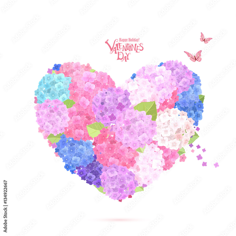 flower heart with flying butterflies. lovely hydrangeas for your