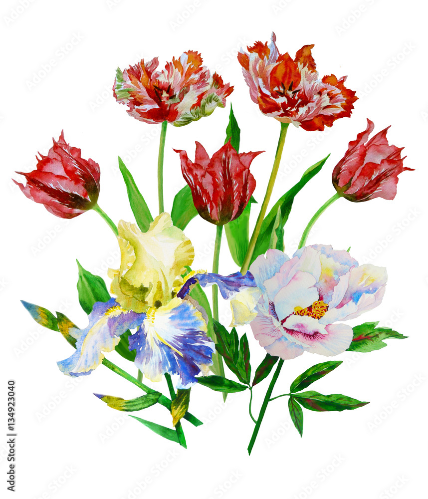 Bouquet with tulips, iris and peony