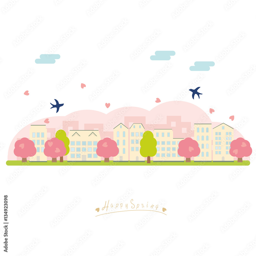 春の町並みのイラスト 春の町並みのイラスト