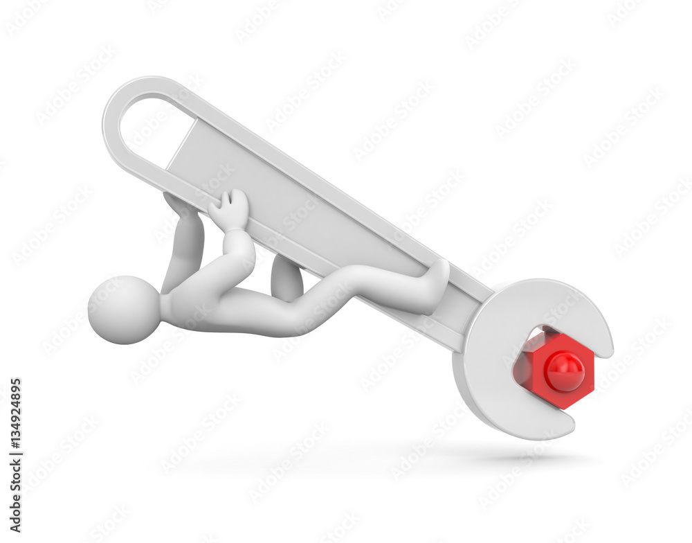 3d man with metal spanner twists or untwists the nut. People at hard work. Isolated on white. 3d illustration 3d man with metal spanner twists or untwists the nut. People at hard work. Isolated on white. 3d illustration