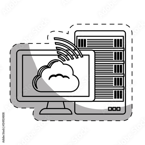 computer with web hosting or data center related icons sticker image vector illustration design 