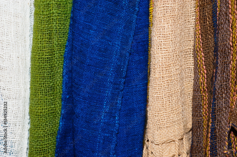 Obraz premium Colorful thai silk handcraft peruvian style rug surface close up More this motif & more textiles peruvian stripe beautiful background tapestry persian nomad detail pattern farabic fashionable textile.