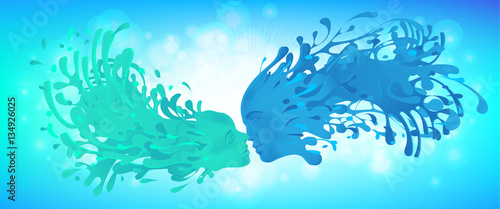 Liquid kiss of splashes with facial features of woman and men. Vector illustration.