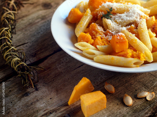 Italian food - Penne pasta with pumpkin.