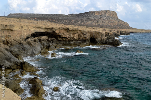 Rocky coast of Cape Greco with caves and grottoes in Cyprus.