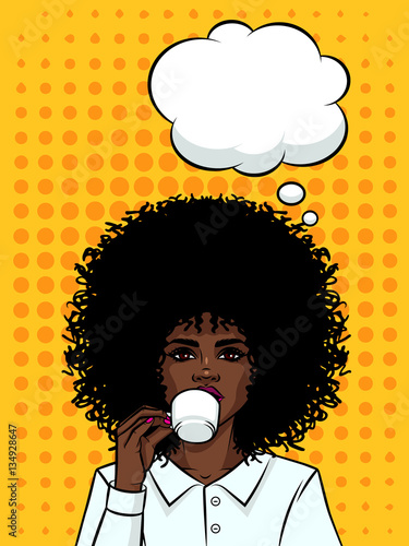 Beautiful business woman with dark skin drinking a coffee. Afro American type girl with cup of coffe on background of pop art style. Girls face with speech bubble and cup of tea in her hand.