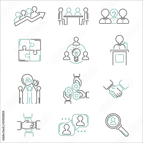 Business teamwork outline icons vector.