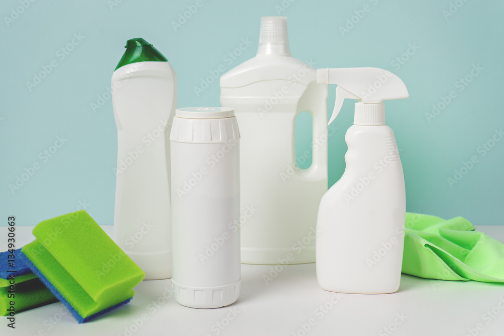 house cleaning products on blue background house cleaning products on blue background
