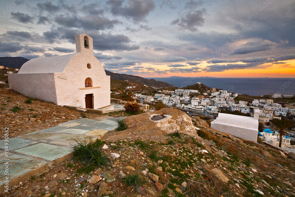 Church over chora on Ios island late in the evening.