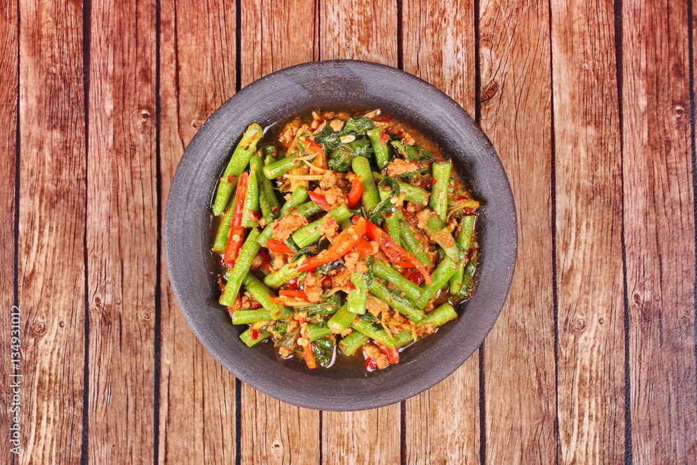 Spicy fried cowpea with minced pork call Pad Ped Tua. Spicy fried cowpea with minced pork call Pad Ped Tua.