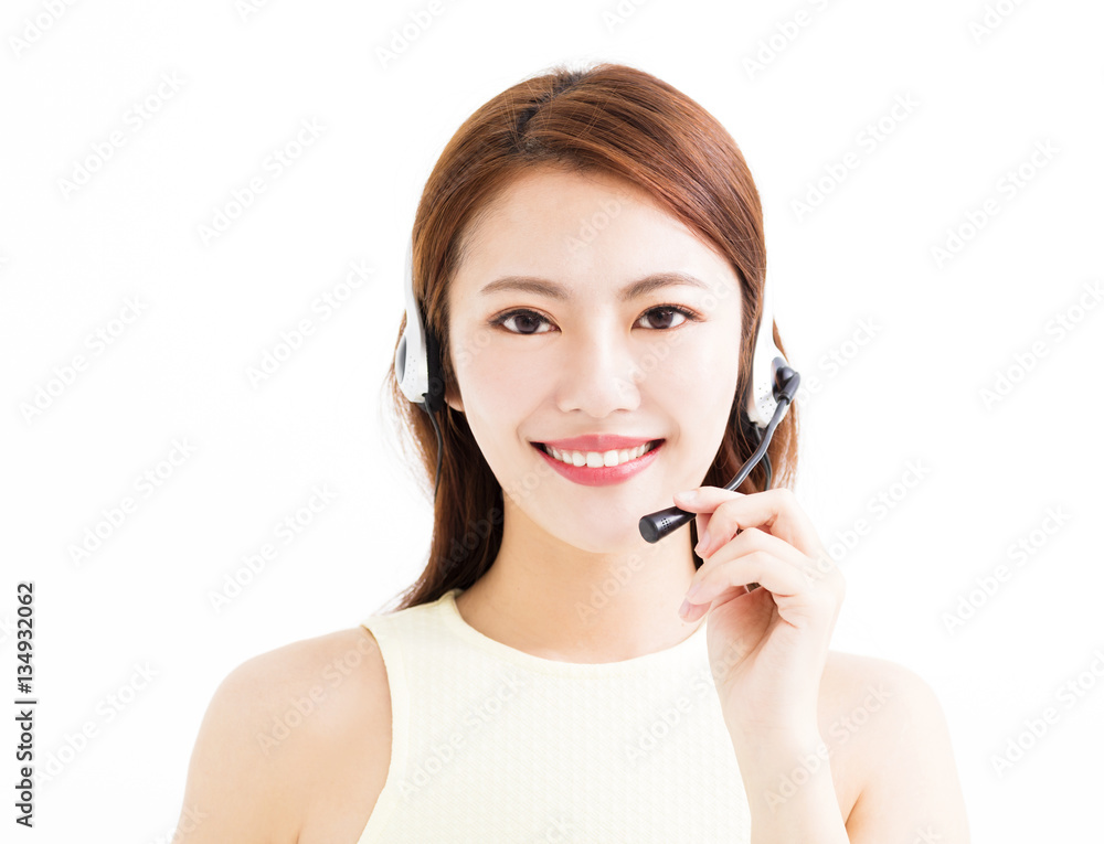 happy young business woman wearing headset happy young business woman wearing headset