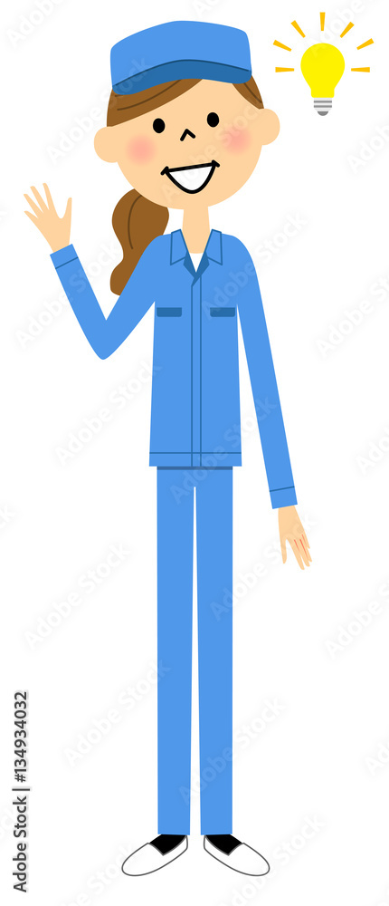 作業着の女性　ひらめく