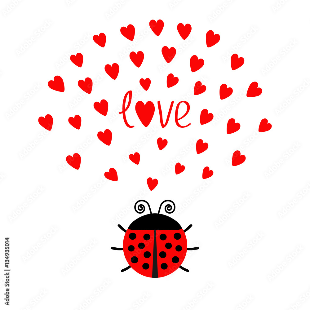 Red round lady bug insect with hearts. Cute cartoon character. Word Love Greeting card. Happy Valentines Day. White background. Flat design. Red round lady bug insect with hearts. Cute cartoon character. Word Love Greeting card. Happy Valentines Day. White background. Flat design.