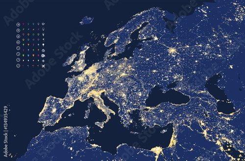 Europe city and communication lights map 