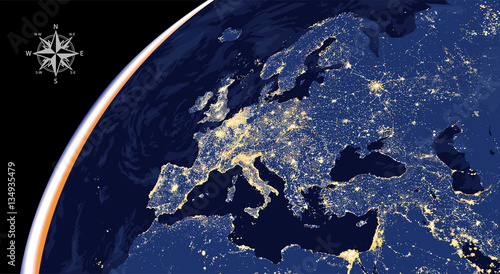 Europe city lights map from space vector illustration