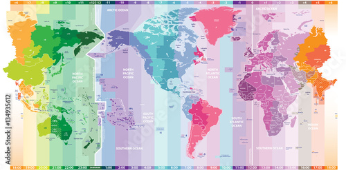 Obraz wektorowe standardowe strefy czasowe światowej mapy politycznej ze środkiem Ameryki