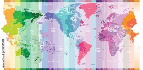 Obraz wektorowe standardowe strefy czasowe światowej mapy politycznej ze środkiem Ameryki