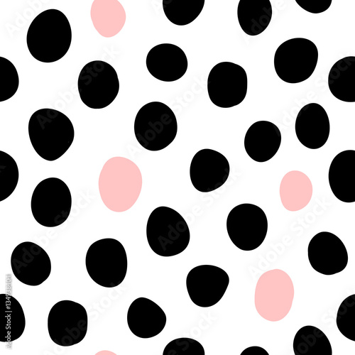 Hand drawn irregular spots seamless Background. Organic different shapes. Pink and black colors. Trendy pattern.