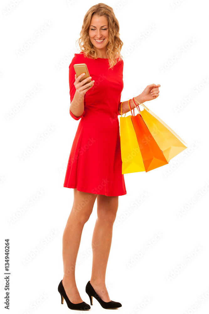 Cutwe brunette woman with curly brown hair holding shopping bags