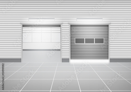 Storefront or shopfront is a facade or commercial building. Exterior with door and floor or entryway for retail shop or store. Protection with security shutter or roller door. Vector illustration.