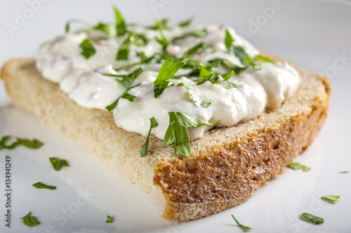 Appetizer made from horseradish, sour cream and mayonnaise on br
