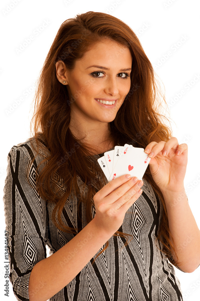 Beautiful brunette holding four aces as a sign for poker game, g Beautiful brunette holding four aces as a sign for poker game, g