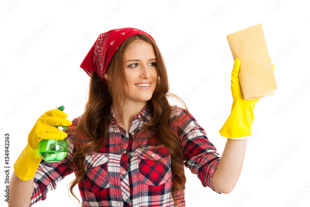 Happy young woman cleaning windows isolated over white vackgroun Happy young woman cleaning windows isolated over white vackgroun