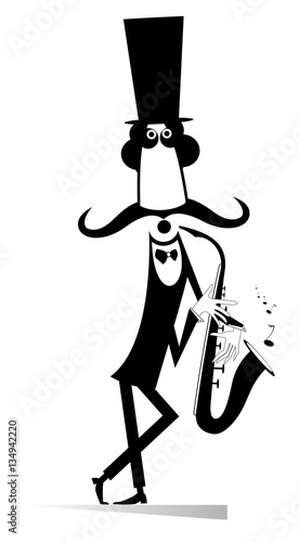 Saxophonist. Funny mustached man in the top hat performing music on saxophone
