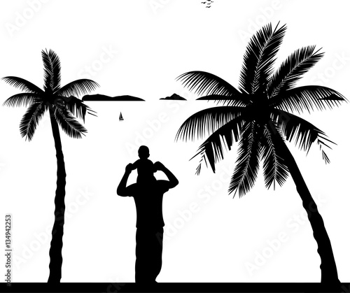 Father carrying a child on his shoulders on the beach, one in the series of similar images silhouette