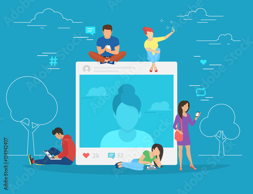 Self photo concept illustration of young woman taking photo and posting in social networks. Flat people sitting on big picture and leaving comments and likes for her post