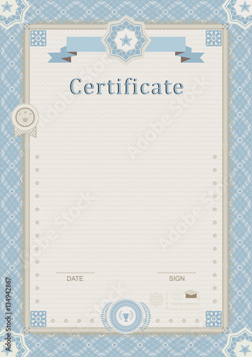 Official guilloche certificate. Blue border 