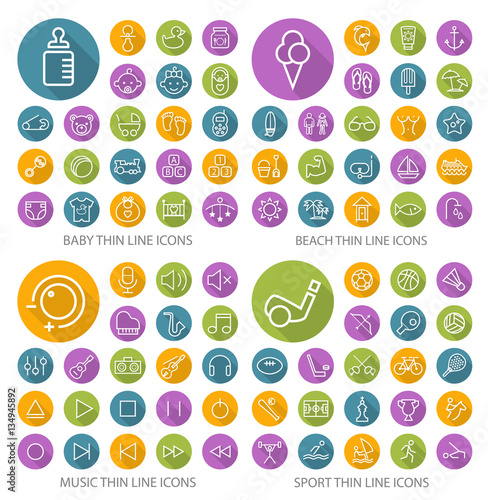 Set of 80 Universal Flat Minimalistic Thin Line Icons on Circular Colored Buttons ( Baby , Beach , Music and Sport Icons) on White Background.