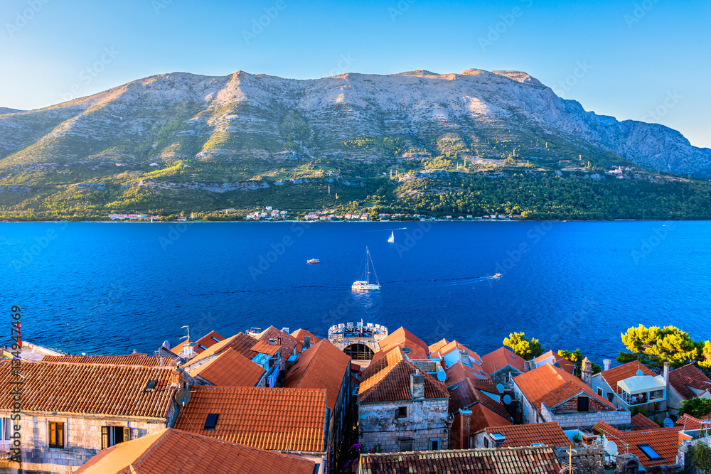 Naklejka premium Korcula town Croatia. / Aerial view at marble landscape at Korcula town and Peljeski Channel in Dalmatia region, Croatia, european travel summer resorts.