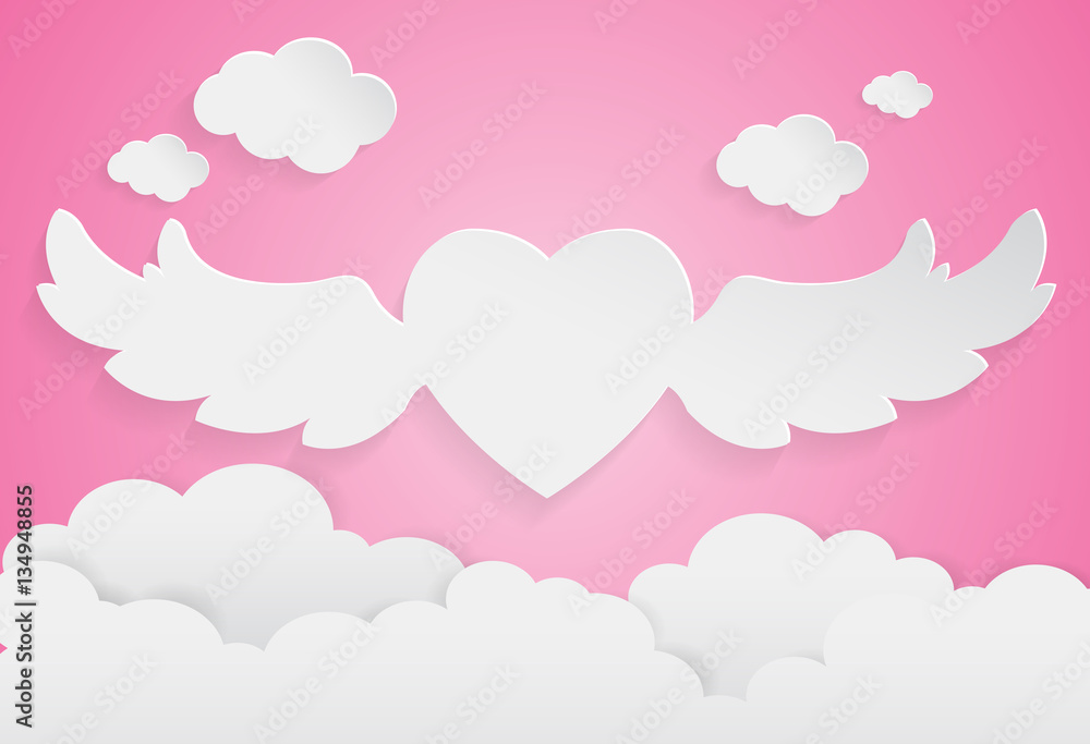 happy valentine day,heart shape on sky, Paper art style.