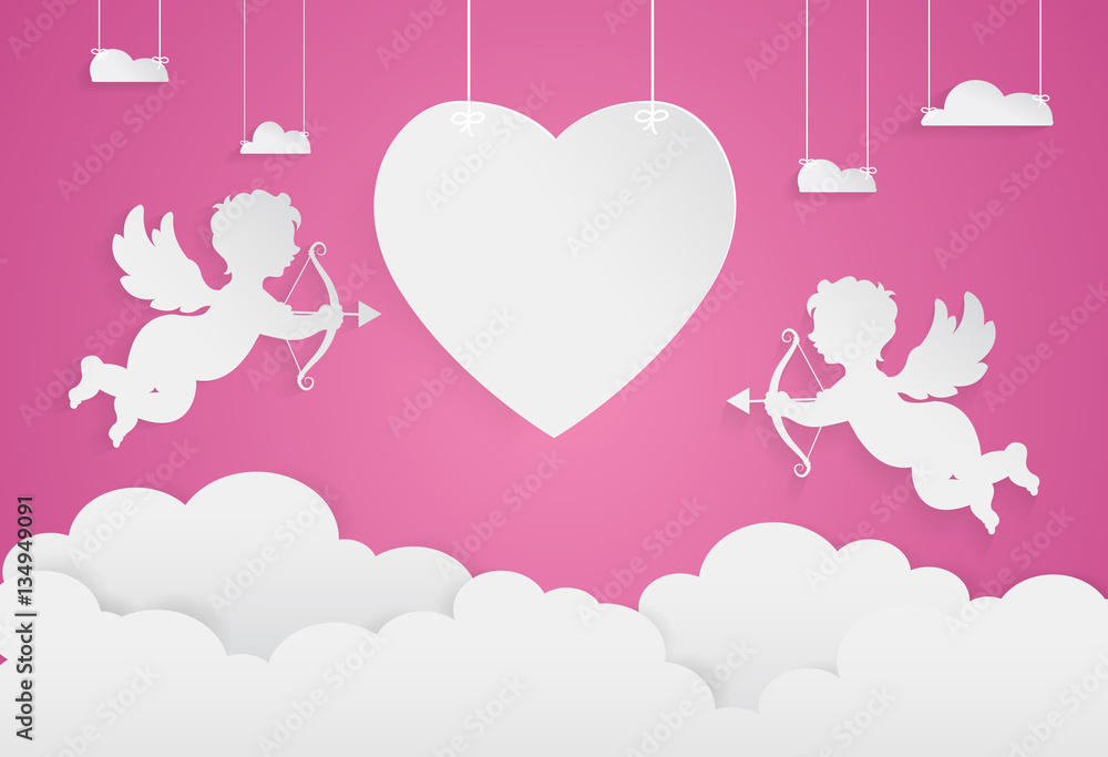 happy valentine day,heart shape and cupid on sky, Paper art styl happy valentine day,heart shape and cupid on sky, Paper art styl