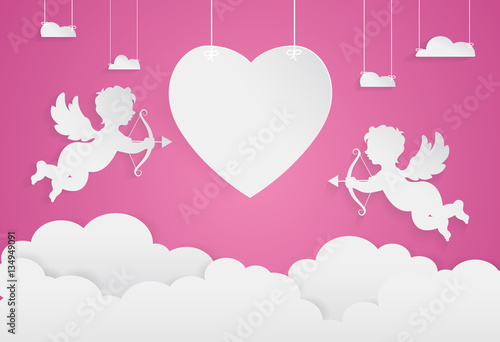 happy valentine day,heart shape and cupid on sky, Paper art styl photo