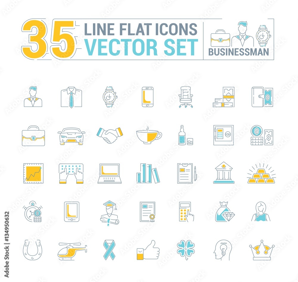 Vector graphic set. Icons in flat, contour, thin and linear design.Businessman and his stuff.Simple icon on white background.Concept illustration for Web site, app.Sign, symbol, emblem. Vector graphic set. Icons in flat, contour, thin and linear design.Businessman and his stuff.Simple icon on white background.Concept illustration for Web site, app.Sign, symbol, emblem.