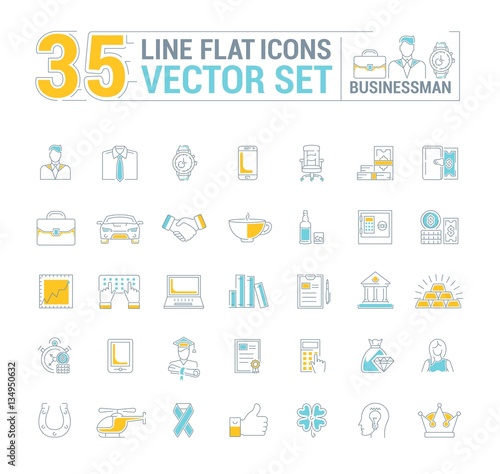 Vector graphic set. Icons in flat, contour, thin and linear design.Businessman and his stuff.Simple icon on white background.Concept illustration for Web site, app.Sign, symbol, emblem. © marinashevchenko